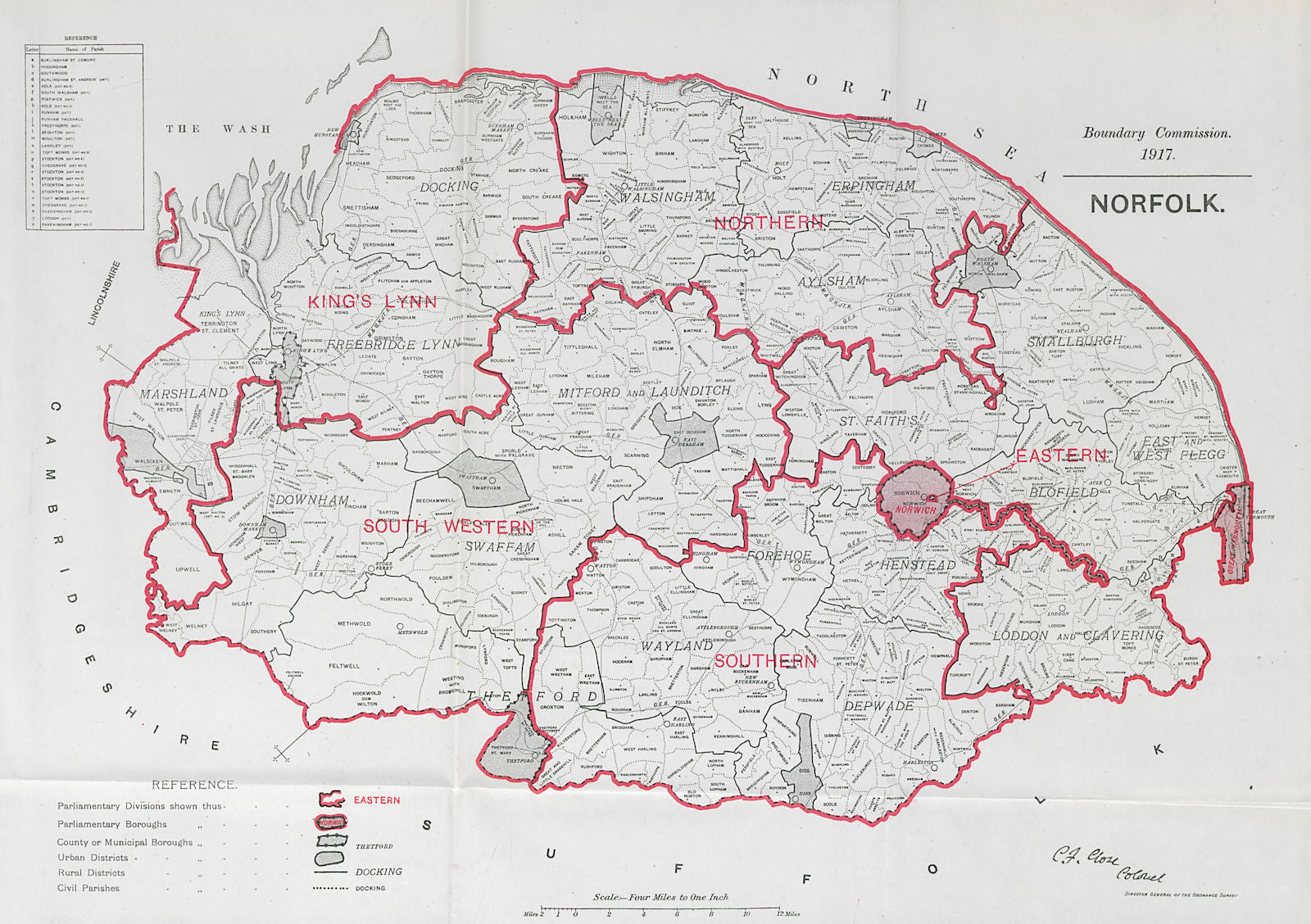 Norfolk Parliamentary County. BOUNDARY COMMISSION. Close 1917 old antique map